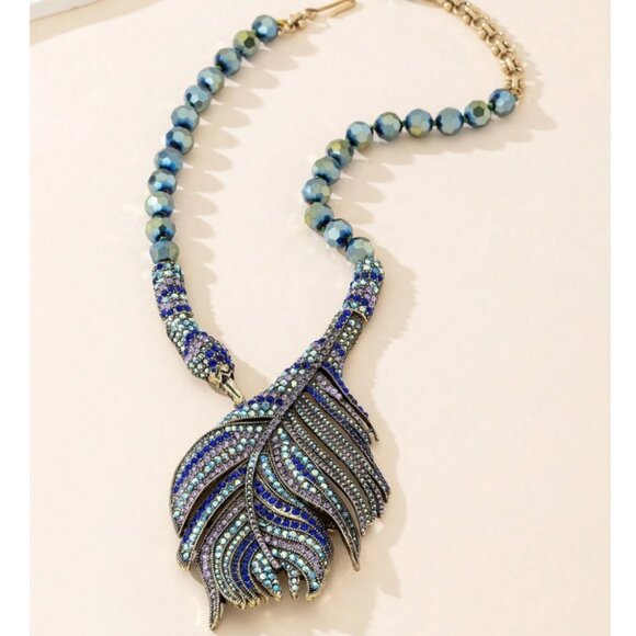 PEACOCK RHINESTONE STATEMENT BOLD NECKLACE - Picture 1 of 8